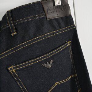 ARMANI JEANS blue dark wash with yellow stitch, J15 Regular fit size 34x34, NWOT